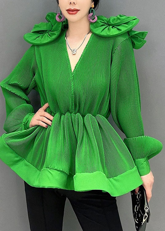 Diy Green V Neck Ruffled Patchwork Chiffon Shirt Tops Spring