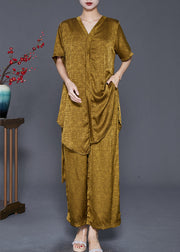 Diy Green Yellow Asymmetrical Silk Two Piece Set Women Clothing Fall