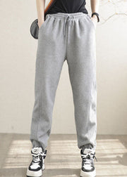 Diy Grey Elastic Waist Solid Patchwork Warm Fleece Pants Winter