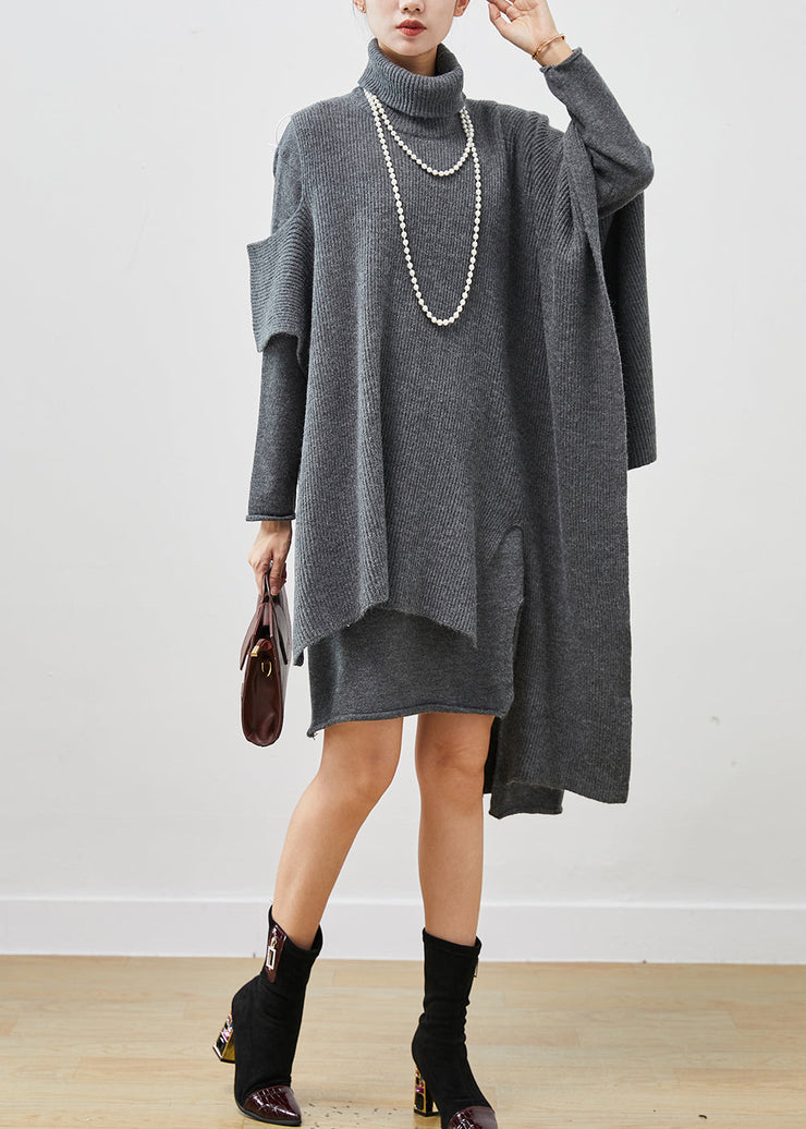 Diy Grey High Neck Asymmetrical Knit Dress Two Piece Suit Set Spring