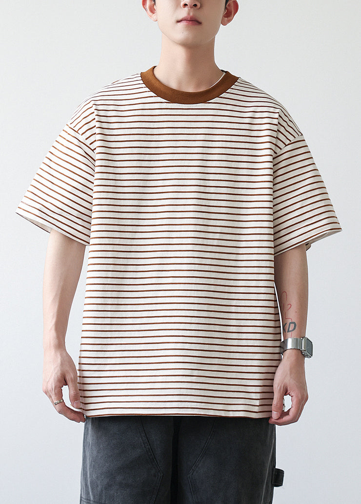 Diy Grey O Neck Striped Cotton T Shirts Summer