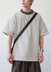 Diy Grey O Neck Striped Cotton T Shirts Summer