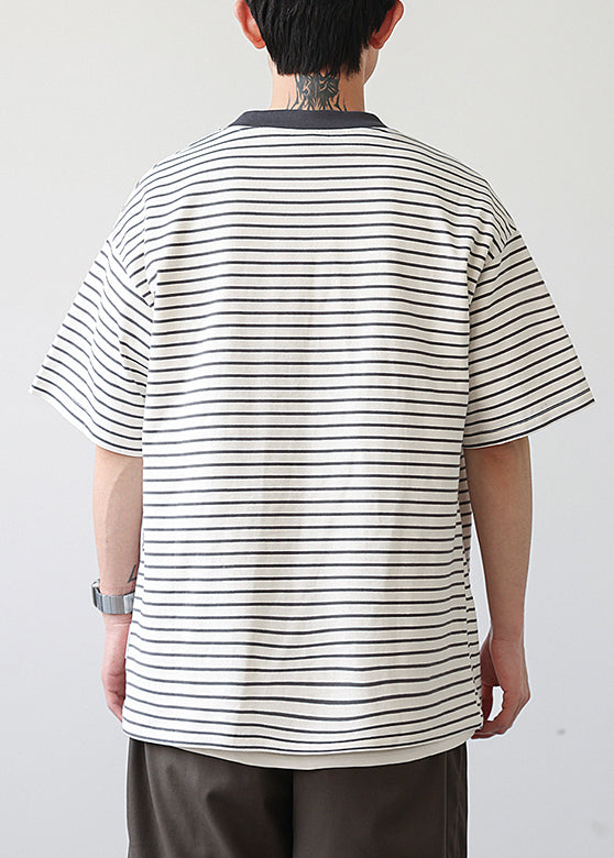 Diy Grey O Neck Striped Cotton T Shirts Summer