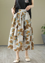 Diy Khaki Print Patchwork Pockets Cotton Pleated Skirt Summer