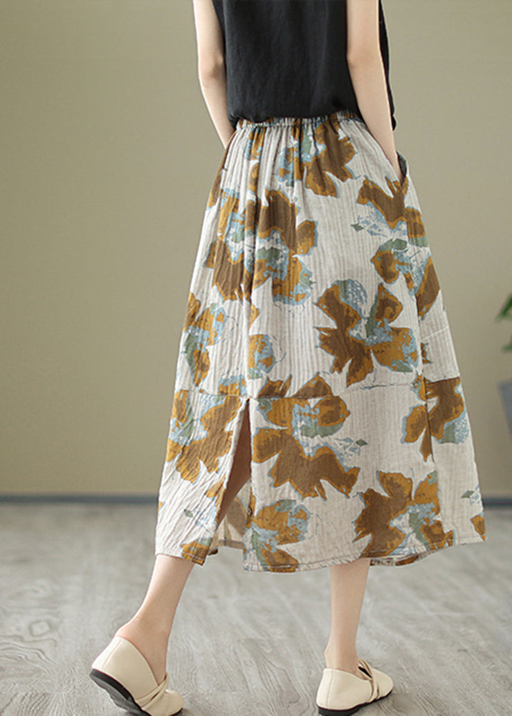 Diy Khaki Print Patchwork Pockets Cotton Pleated Skirt Summer