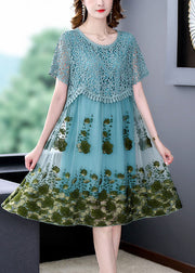 Diy Light Blue Embroideried Patchwork Tulle Dress Short Sleeve