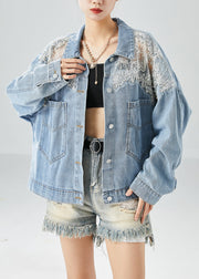 Diy Light Blue Hollow Out Patchwork Zircon Denim Coat Outwear Fall