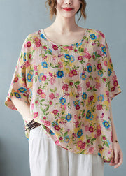 Diy Light Yellow O-Neck Oversized Print Cotton Tanks Short Sleeve