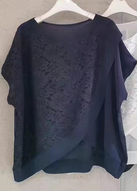 Diy Navy Asymmetrical Lace Patchwork Chiffon Shirt Tops Summer