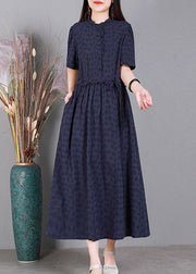 Diy Navy Blue Print Ruffled Button Linen Maxi Dresses Short Sleeve