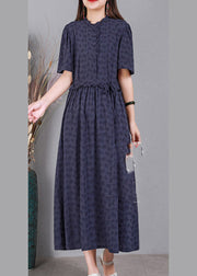 Diy Navy Blue Print Ruffled Button Linen Maxi Dresses Short Sleeve