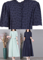 Diy Navy Blue Print Ruffled Button Linen Maxi Dresses Short Sleeve