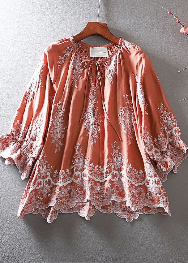 Diy Orange Embroidered Cotton Shirt Tops Spring