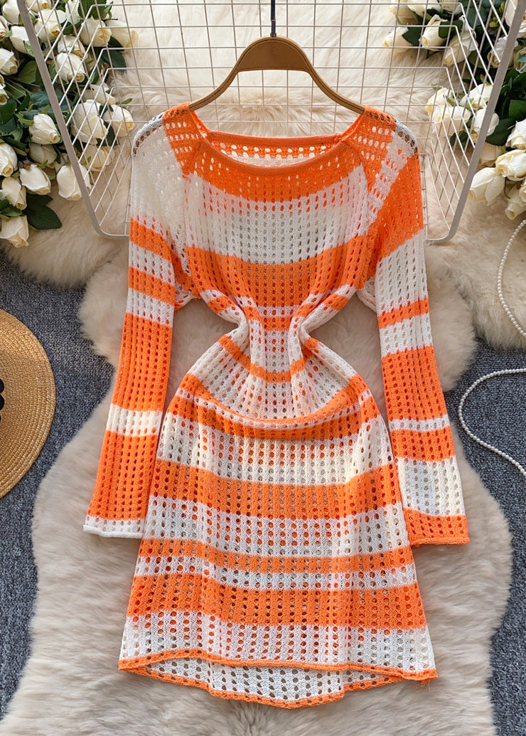 Diy Orange Striped Hollow Out Knit Mini Dress Summer