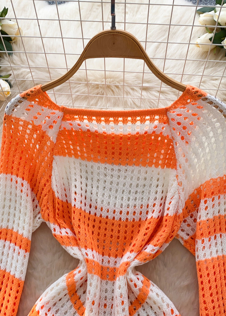 Diy Orange Striped Hollow Out Knit Mini Dress Summer