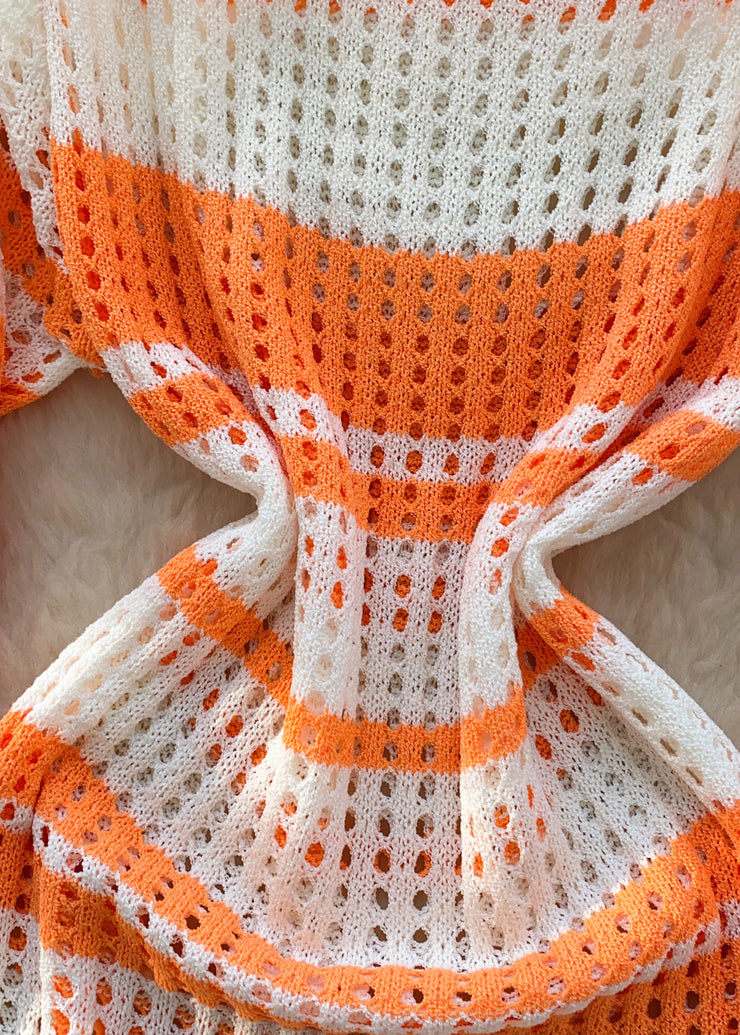 Diy Orange Striped Hollow Out Knit Mini Dress Summer