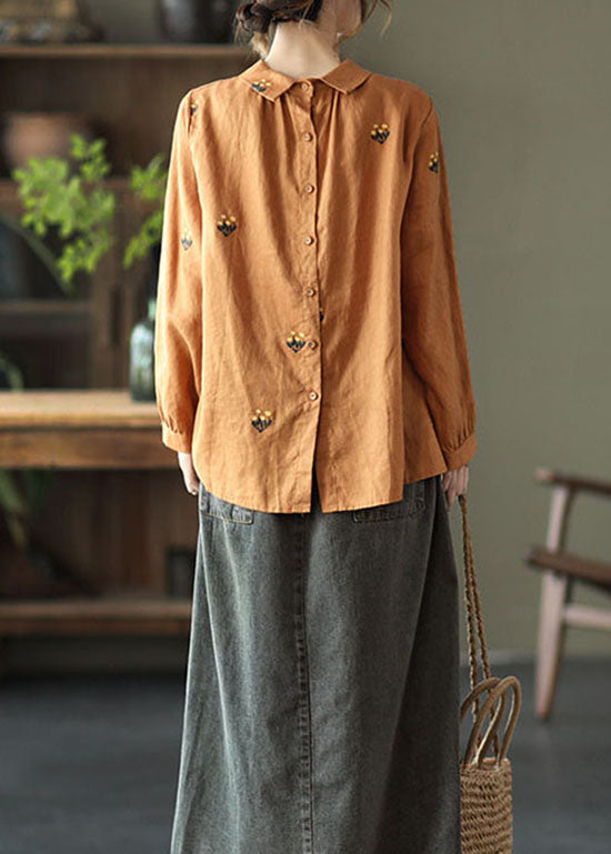 Diy Orange Wrinkled Embroideried Patchwork Linen Shirts Long Sleeve