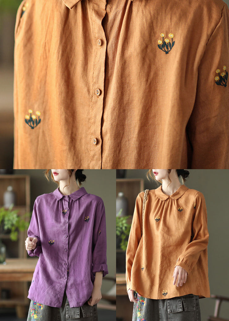 Diy Orange Wrinkled Embroidered Patchwork Linen Shirts Long Sleeve