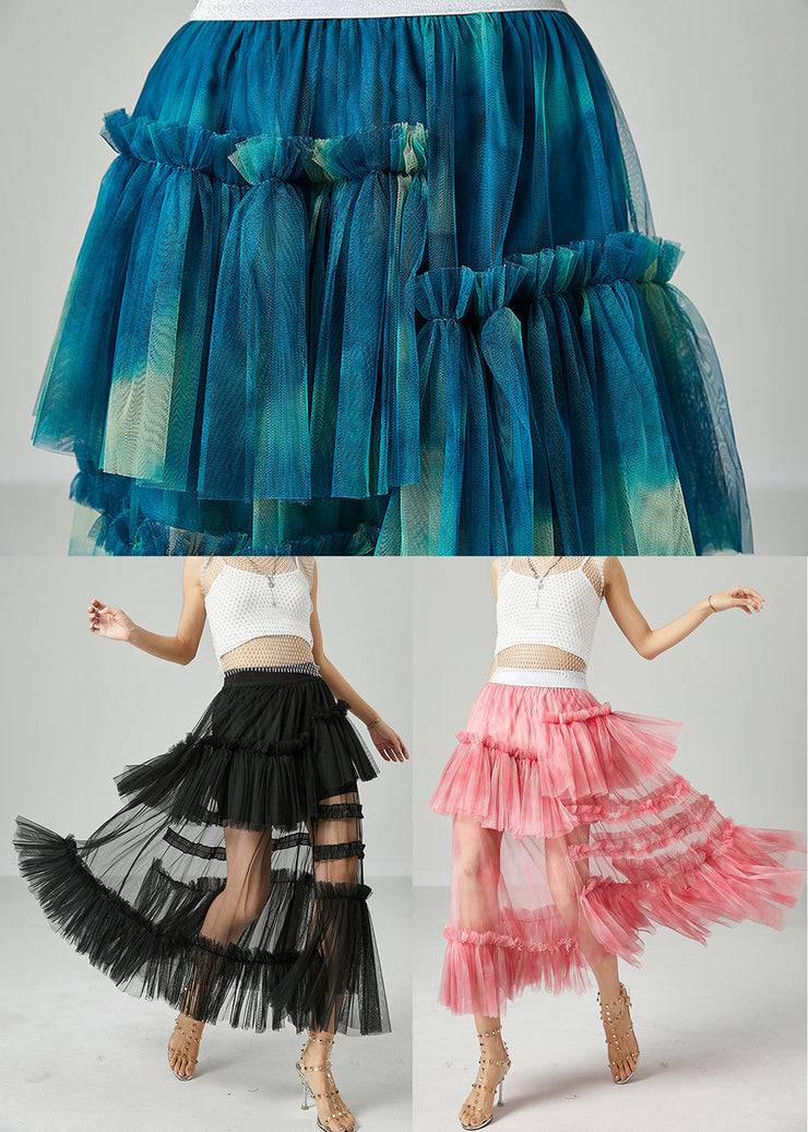 Diy Peacock Blue Asymmetrical Tie Dye Wrinkled Tulle Skirt Summer