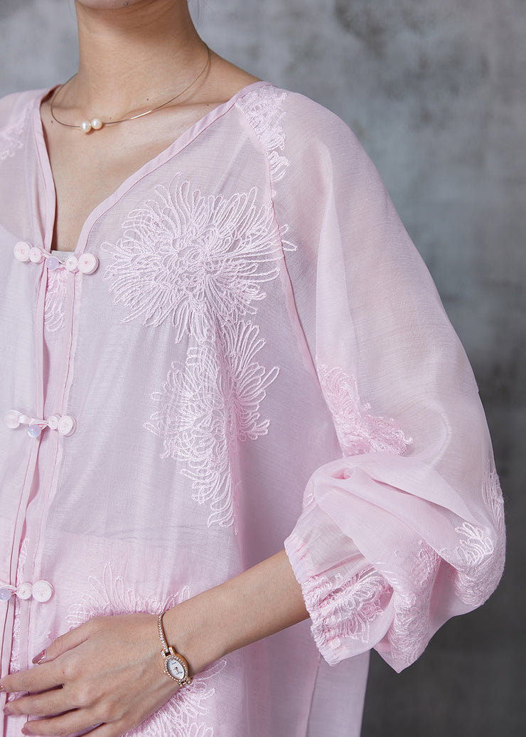 Diy Pink Embroidered Chiffon Two Piece Set Women Clothing Summer