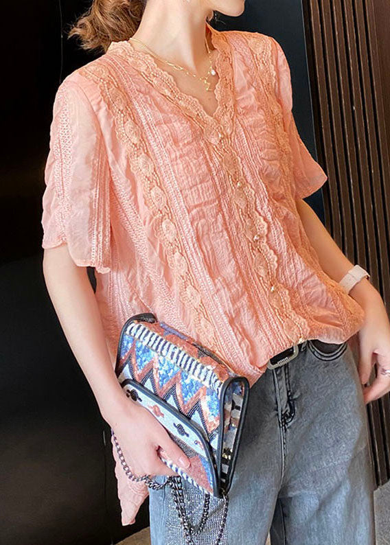 Diy Pink V Neck Lace Patchwork Chiffon Blouses Summer