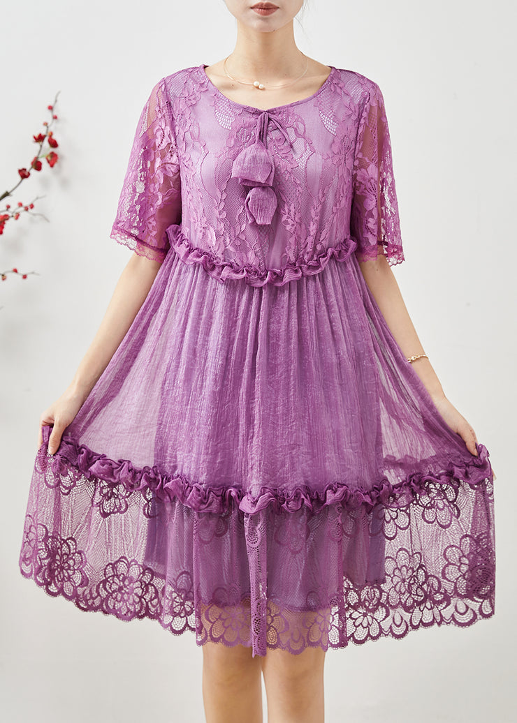 Diy Purple Ruffled Patchwork Lace Vacation Dress Summer