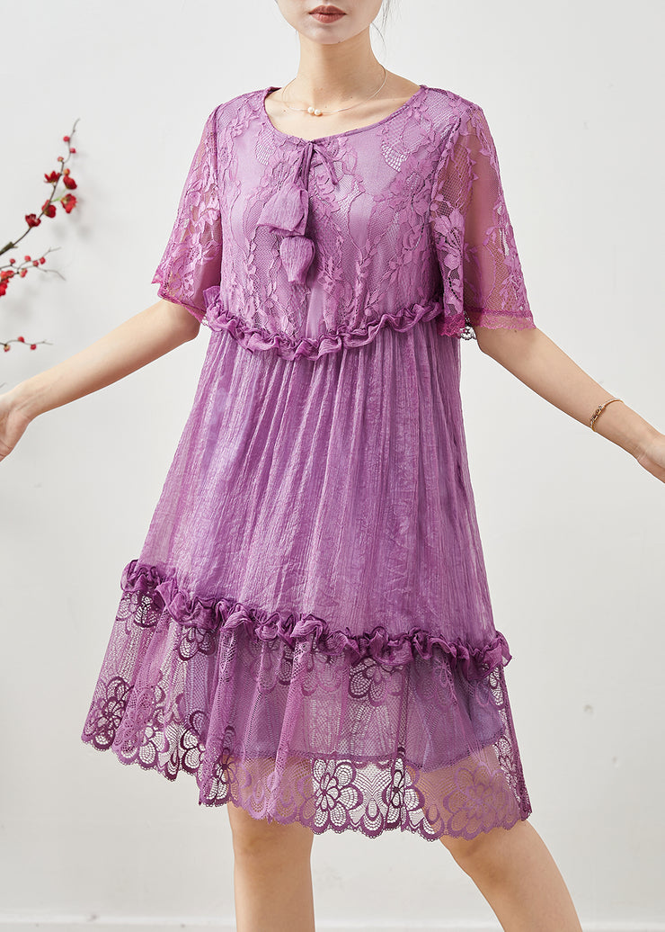 Diy Purple Ruffled Patchwork Lace Vacation Dress Summer