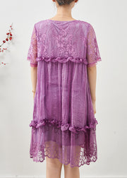 Diy Purple Ruffled Patchwork Lace Vacation Dress Summer