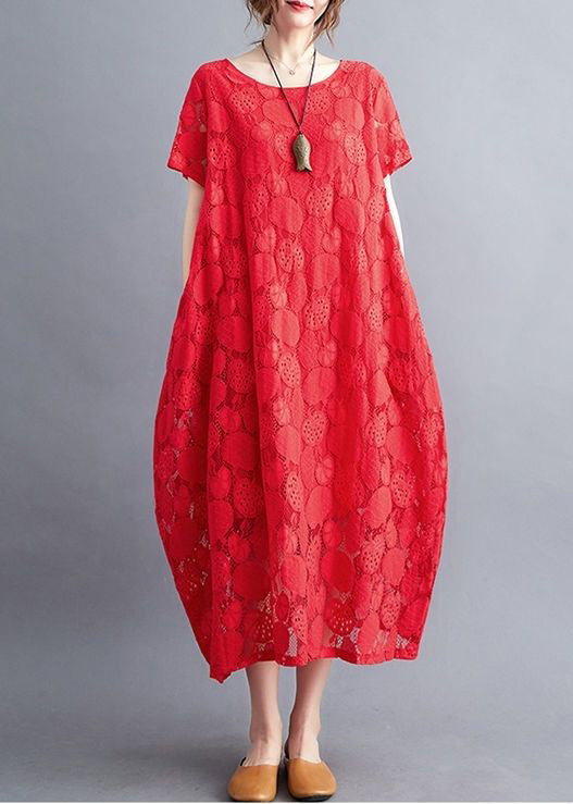 Diy Red Oversized Hollow Out Lace Long Dress Summer