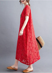 Diy Red Oversized Hollow Out Lace Long Dress Summer