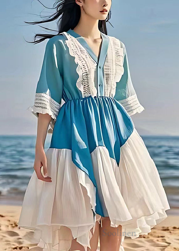 Diy Sea Blue V Neck Patchwork Lace Linen Mid Dress Summer