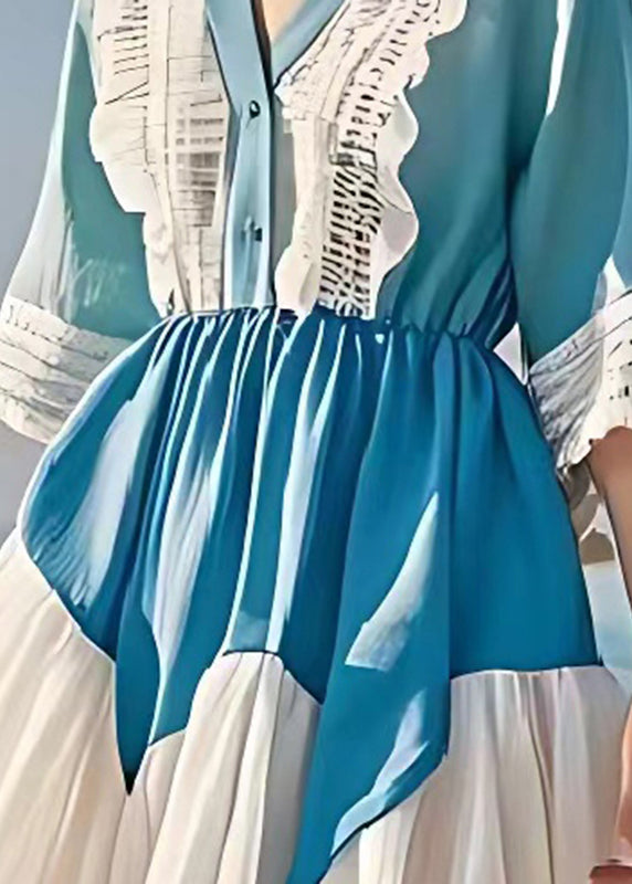 Diy Sea Blue V Neck Patchwork Lace Linen Mid Dress Summer