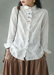 Diy White Embroideried Three-dimensional Floral Cotton Shirt Top Long Sleeve