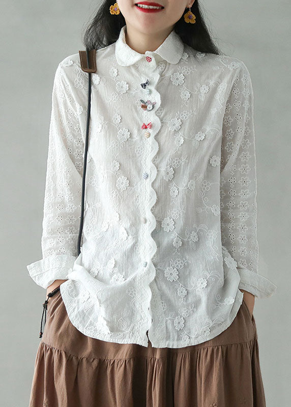 Diy White Embroideried Three-dimensional Floral Cotton Shirt Top Long Sleeve