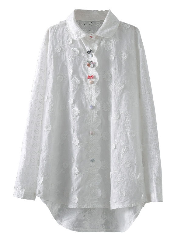 Diy White Embroideried Three-dimensional Floral Cotton Shirt Top Long Sleeve