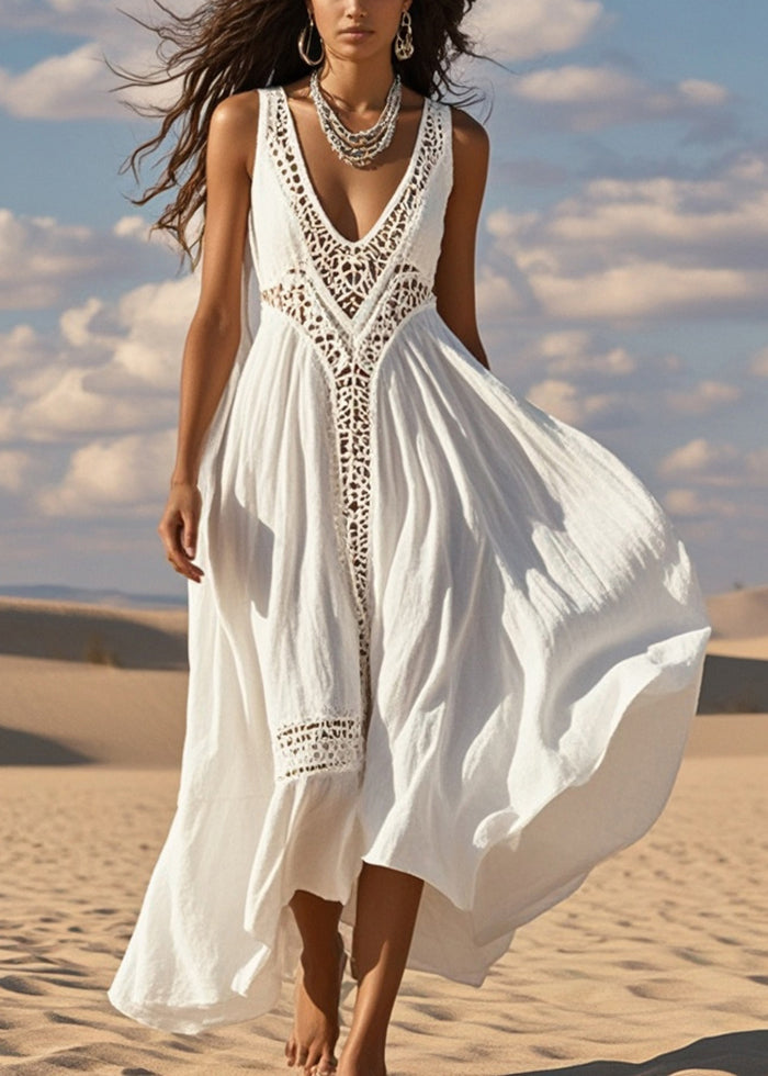 Diy White Hollow Out Patchwork Cotton Maxi Dress Summer