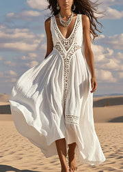 Diy White Hollow Out Patchwork Cotton Maxi Dress Summer