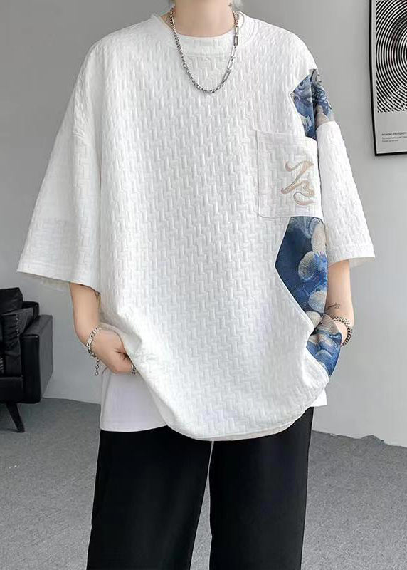 Diy White O Neck Patchwork Cotton Graphic Tees Men Summer