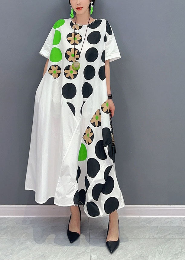 Diy White Oversized Patchwork Dot Print Cotton Party Dress Short Sleeve