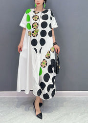 Diy White Oversized Patchwork Dot Print Cotton Party Dress Short Sleeve