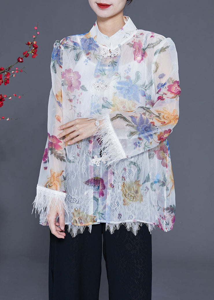 Diy White Print Patchwork Tassel Chinese Button Chiffon Shirts Summer