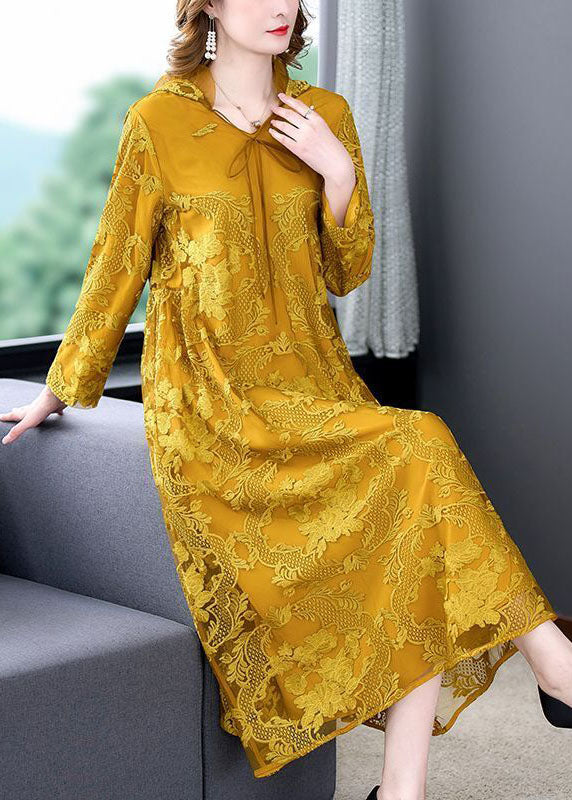 Diy Yellow Hooded Embroideried Lace Up Silk A Line Dresses Spring