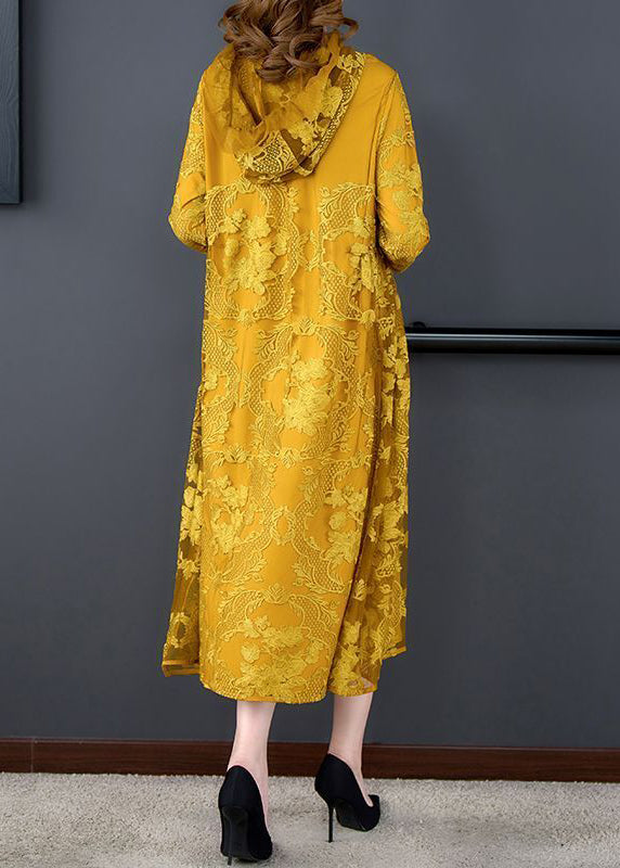 Diy Yellow Hooded Embroideried Lace Up Silk A Line Dresses Spring