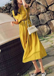 Diy Yellow O Neck Patchwork Tie Waist Cotton Dress Short Sleeve