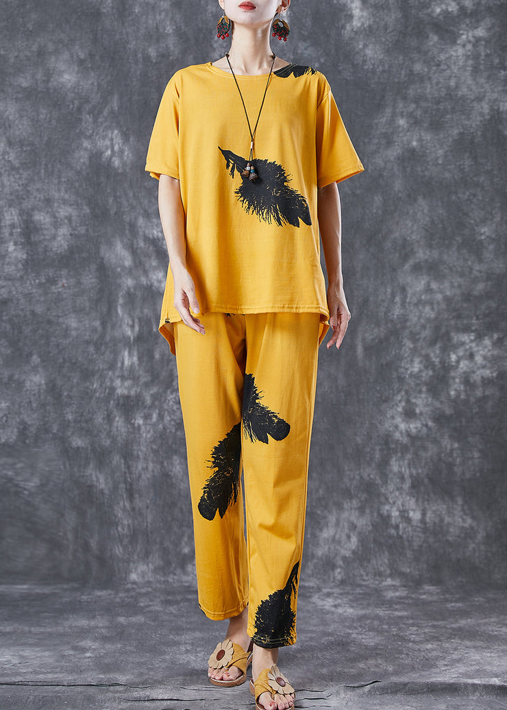 Diy Yellow Oversized Feathers Print Cotton Two Pieces Set Summer