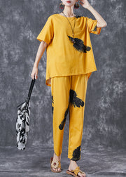 Diy Yellow Oversized Feathers Print Cotton Two Pieces Set Summer