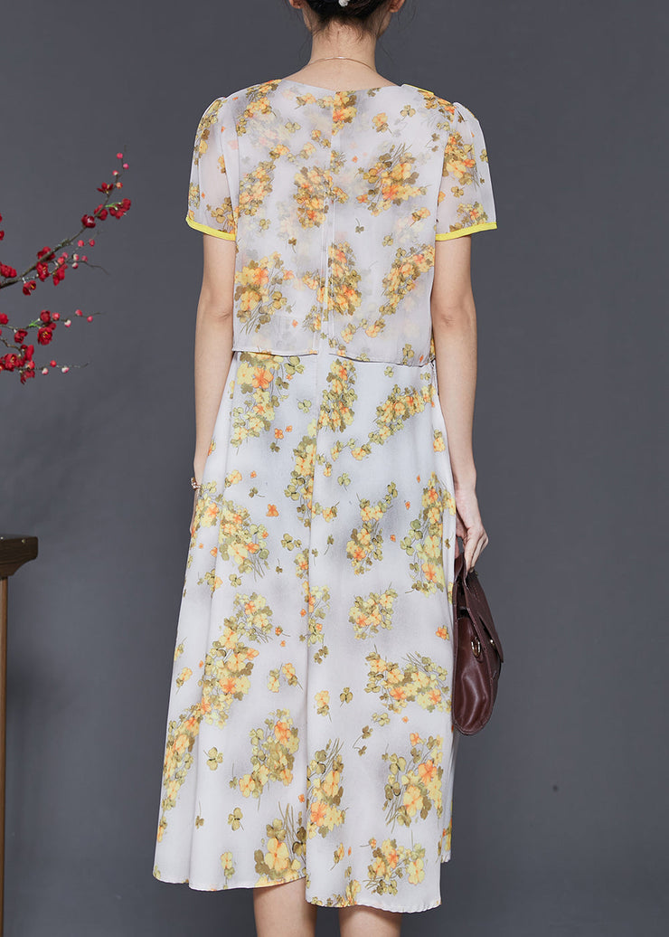 Diy Yellow Tasseled Print Draping Chiffon Long Dress Summer