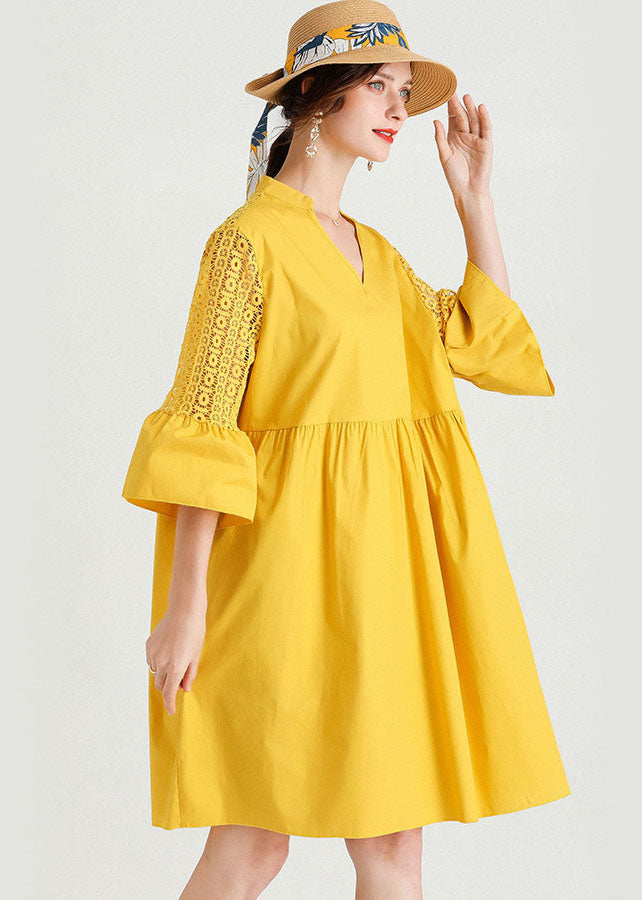 Diy Yellow V Neck Hollow Out Lace Patchwork Cotton Dresses Summer