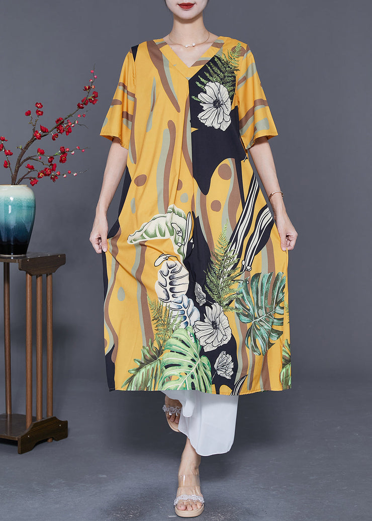 Diy Yellow V Neck Print Draping Silk Ankle Dress Summer