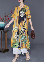 Diy Yellow V Neck Print Draping Silk Ankle Dress Summer